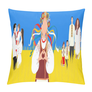 Personality  Ukrainian Girl  And Families Dressed In Vyshyvanka On The Wheat Field. Colors Of The National Flag - Yellow And Blue. Independence Day Of Ukraine Banner. Vector Illustration Pillow Covers