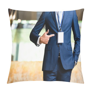 Personality  Cropped View Of Man In Suit Pointing With Finger At Badge Pillow Covers