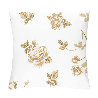 Personality  Trendy Floral Background With Golden Roses Flowers And Twigs With Leaves In Style Watercolor On White. Blooming Botanical Motifs Scattered Random. Vector Seamless Pattern For Fashion Prints. Pillow Covers