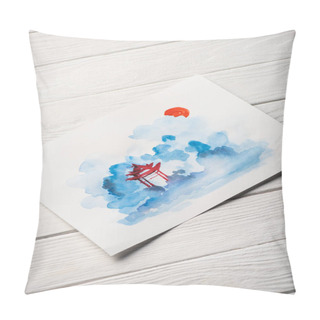 Personality  High Angle View Of Paper With Japanese Painting With Temple On Wooden Surface Pillow Covers