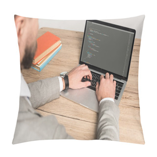 Personality  KYIV, UKRAINE - NOVEMBER 25, 2019: Partial View Of Programmer Using Laptop With Javascript On Screen Isolated On Grey Pillow Covers