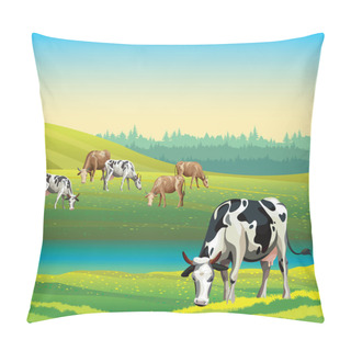 Personality  Summer Landscape With Cows And Meadow. Pillow Covers
