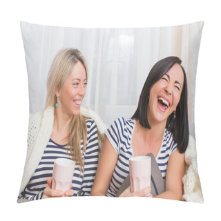 Personality  Two Cheerful Women Laughing While Sitting Comfortably In Bed Pillow Covers