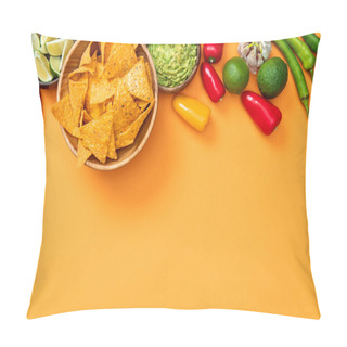 Personality  Top View Of Mexican Nachos, Guacamole And Spices On Orange Background With Copy Space Pillow Covers