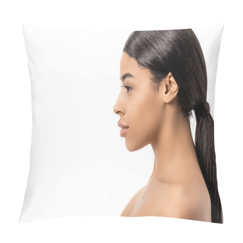 Personality  side view of naked brunette african american girl looking away isolated on white pillow covers