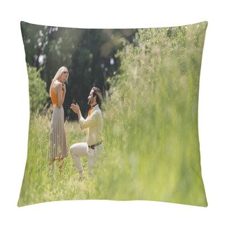 Personality  Side View Of Smiling Man Pointing At Stylish Girlfriend While Kneeling On Lawn In Park  Pillow Covers