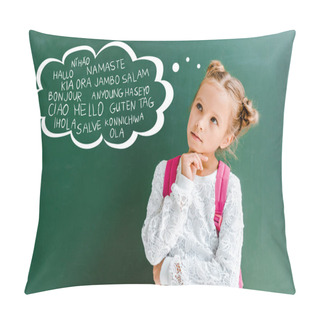 Personality  Pensive Kid Standing With Backpack Near Chalkboard With Greetings Lettering On Green  Pillow Covers