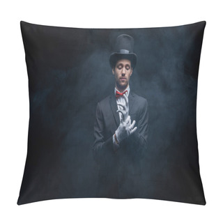 Personality  Magician In Suit And Hat Wearing Gloves In Dark Smoky Room Pillow Covers
