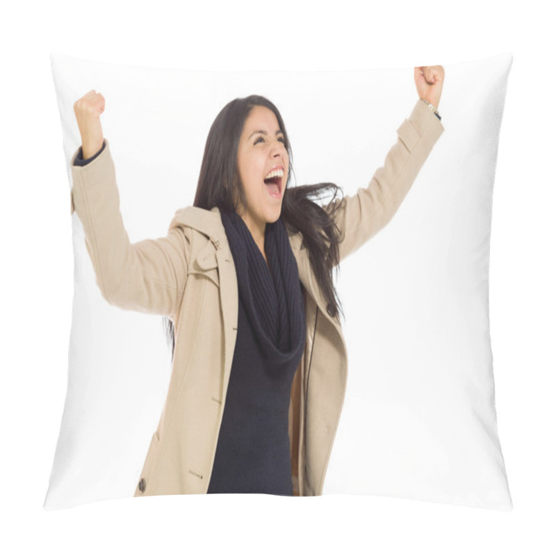 Personality  Model happy raised arms in the air pillow covers