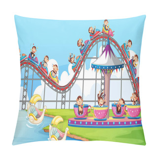 Personality  Scene With Happy Monkeys Riding On Roller Coaster In The Park Pillow Covers