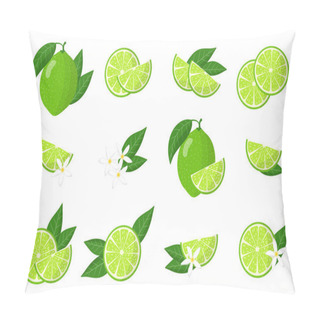 Personality  Set Of Illustrations With Lime Exotic Fruits, Flowers And Leaves Isolated On White Background. Isolated Vector Icons Set. Pillow Covers