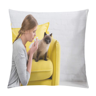 Personality  Side View Of Woman With Napkin Looking At Siamese Cat During Allergy At Home  Pillow Covers