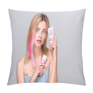 Personality  Bewildered Young Woman With Colored Bob Cut Holding Hair Care Supplies Isolated On Grey Pillow Covers