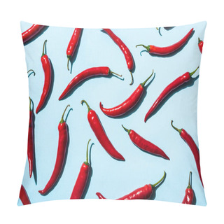 Personality  Top View Of Red Chili Peppers On Blue Background Pillow Covers