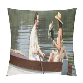 Personality  Side View Of Young Woman In Straw Hat Holding Flowers And Having Romantic Boat Ride With Man, Banner Pillow Covers