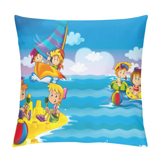 Personality  Kids Playing At The Beach Having Fun By The Sea Or Ocean - Illustration For Children Pillow Covers