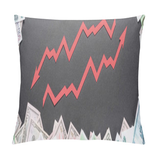 Personality  Panoramic Shot Of Increase And Recession Arrows Near Dollar, Euro And Ruble Banknotes On Black Background Pillow Covers