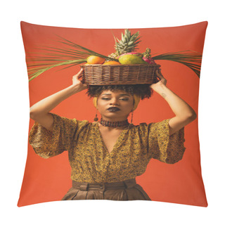Personality  Young African American Woman Holding Basket With Exotic Fruits On Head And Looking At Camera On Orange Pillow Covers