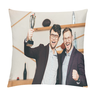 Personality  Portrait Of Happy Businessmen With Champions Goblet In Cafe Pillow Covers