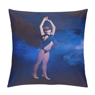 Personality  Beautiful Sexy Woman With Lace Mask And Black Angel Wings Standing On Tiptoe And Posing On Dark Blue Background Pillow Covers