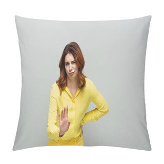 Personality  Displeased Woman Looking At Camera While Showing Stop Gesture On Grey Pillow Covers