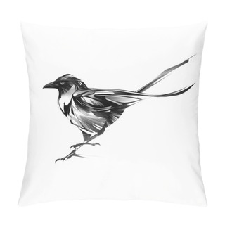 Personality  Drawn Dark Stylized Magpie Bird On White Background Pillow Covers