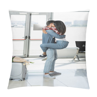 Personality  Man Holding In Arms Happy African American Girlfriend While Meeting In Airport  Pillow Covers