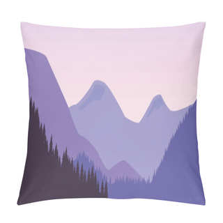 Personality  Vector Illustration Of A Beautiful Panoramic View. Mountains In Fog With Forest. Vector Nature Landscape With Silhouettes Of Mountains And Fores Pillow Covers