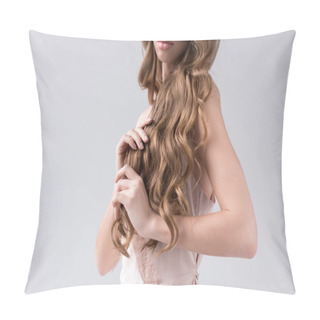 Personality  Cropped View Of Lovely Girl With Long Curly Hair, Isolated On Grey Pillow Covers