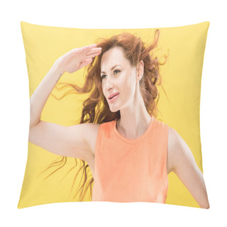Personality  Smiling Curly Redhead Woman Looking In Distance Isolated On Yellow Pillow Covers