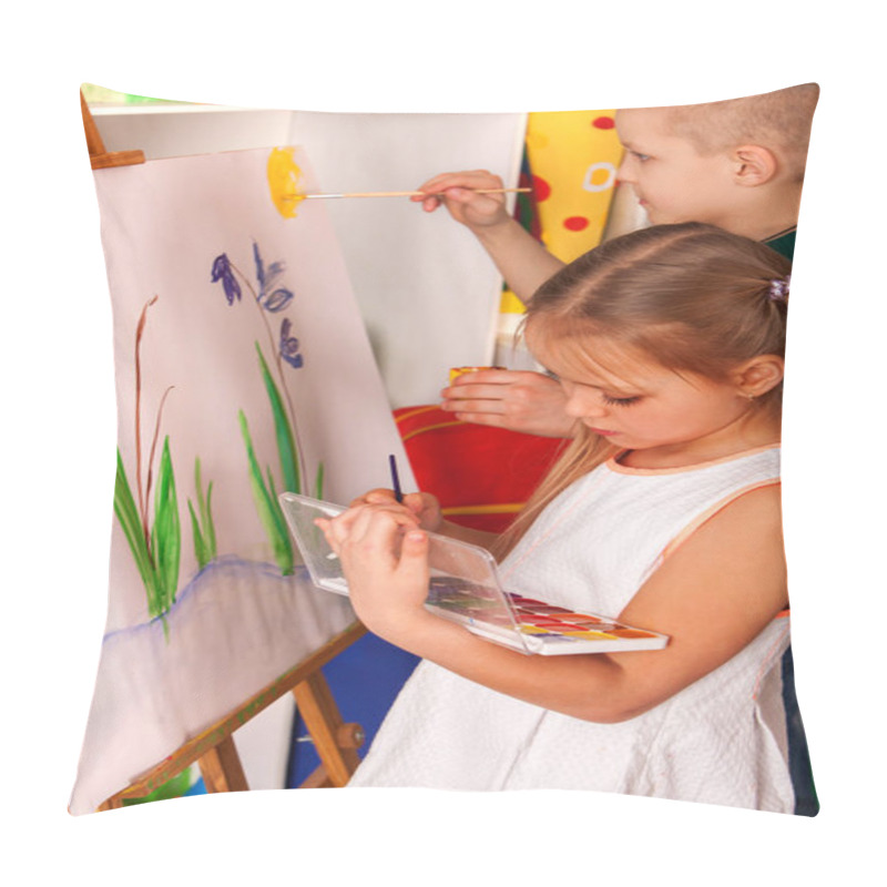 Personality  Children painting finger on easel. Group of kids with teacher. pillow covers