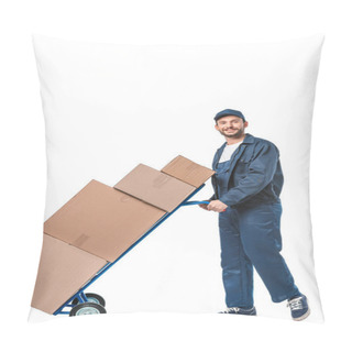 Personality  Smiling Handsome Mover In Uniform Transporting Cardboard Boxes On Hand Truck Isolated On White Pillow Covers
