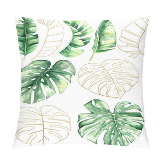 Personality  Green And Golden Watercolor Tropical Banana And Monstera Leaves Illustration. Elegant Element For Wedding Design, Greeting Cards And Crafting, Place For Text Pillow Covers