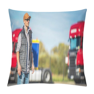 Personality  Transportation Industry. Caucasian Male Semi Truck Driver In His 30s On The Truck Stop. Pillow Covers