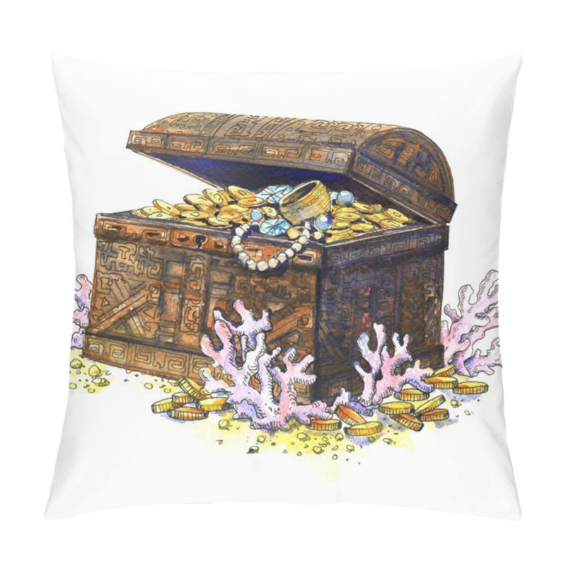 Personality  Ancient treasure chest, coins, jewelry, isolated. Underwater landscape. Watercolor illustration pillow covers