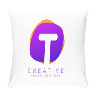 Personality Initial T, Letter T Vector Logo Icon With Purple And Orange Geometric Shapes In The Back Pillow Covers