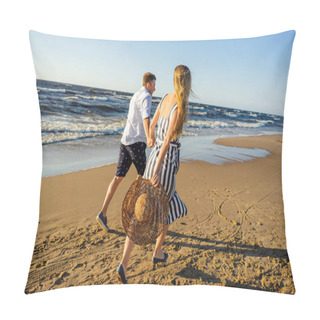 Personality  Partial View Of Young Couple In Love Holding Hands And Running On Sandy Beach In Riga, Latvia Pillow Covers