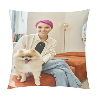Personality  Joyful Purple-haired Woman With Pomeranian Spitz Sitting In Reception Area Of Modern Pet Hotel Pillow Covers