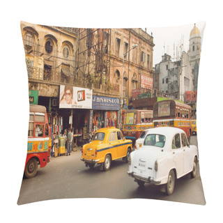 Personality  Traffic On Indian Road With Markets And Speeding Antique Ambassador Cars Pillow Covers