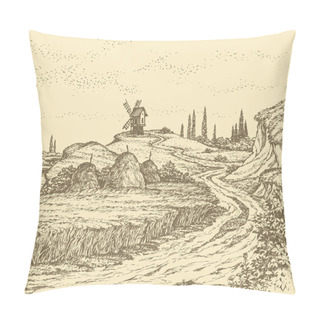 Personality  Vector Landscape. Windmill On Hill Above The Fields Of Wheat Pillow Covers
