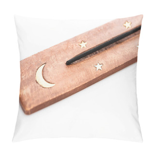 Personality  Close Up View Of Aroma Stick On Wooden Stand With Moon And Stars On White Background Pillow Covers