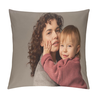 Personality  Working Mother, Parenting And Career, Curly Businesswoman Embracing Cute Toddler Daughter On Grey Background, Work Life Harmony Concept, Loving Motherhood, Quality Family Time  Pillow Covers