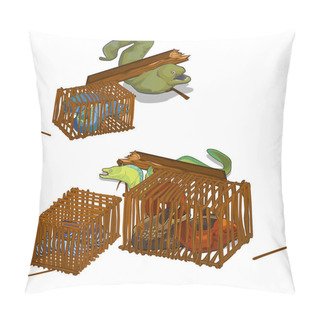 Personality  Set Of Moray Eels Caught In The Wooden Cage Isolated On White Background. Vector Cartoon Close-up Illustration. Pillow Covers