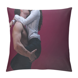Personality  Cropped View Of Shirtless Man Holding On Hands And Kissing Girl In White Shirt On Dark Background Pillow Covers