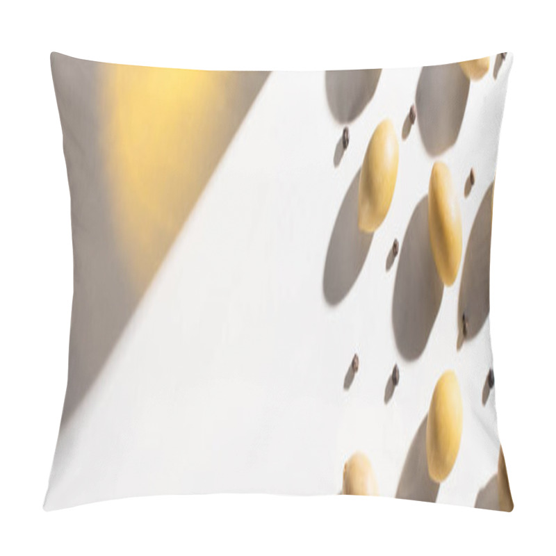 Personality  Shadow Of Olive Oil Near Green Olives And Black Pepper On White Background, Panoramic Orientation  Pillow Covers