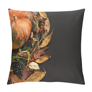 Personality  Pumpkin In Autumn Leaves Wreath, Berries, Nuts, Acorns, Flowers,herbs On Dark Background, Isolated. Seasons Greetings. Space For Text. Happy Thanksgiving Concept Pillow Covers