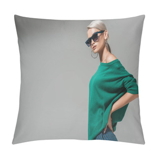 Personality  Fashionable Young Woman In Sunglasses Posing With Hands On Waist Isolated On Grey Background Pillow Covers