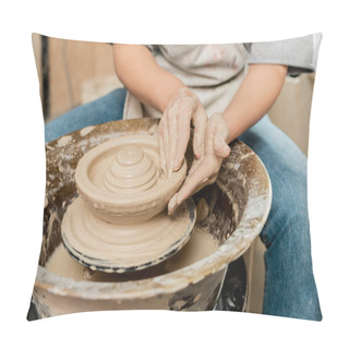 Personality  Cropped View Of Blurred Female Artisan In Apron Making Shape Of Clay On Spinning Pottery Wheel While Working In Pottery Class, Skilled Pottery Making Concept Pillow Covers