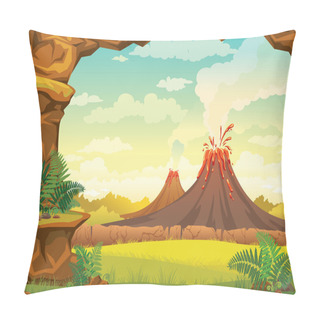 Personality  Prehistoric Landscape - Smoky Volcanoes And Cave. Pillow Covers