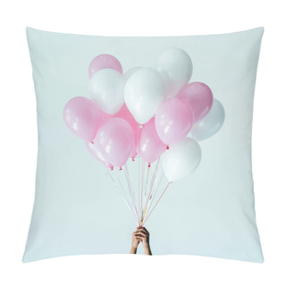 Personality  Cropped Shot Of Hands Holding Bunch Of Pink And White Balloons Isolated On Grey Pillow Covers